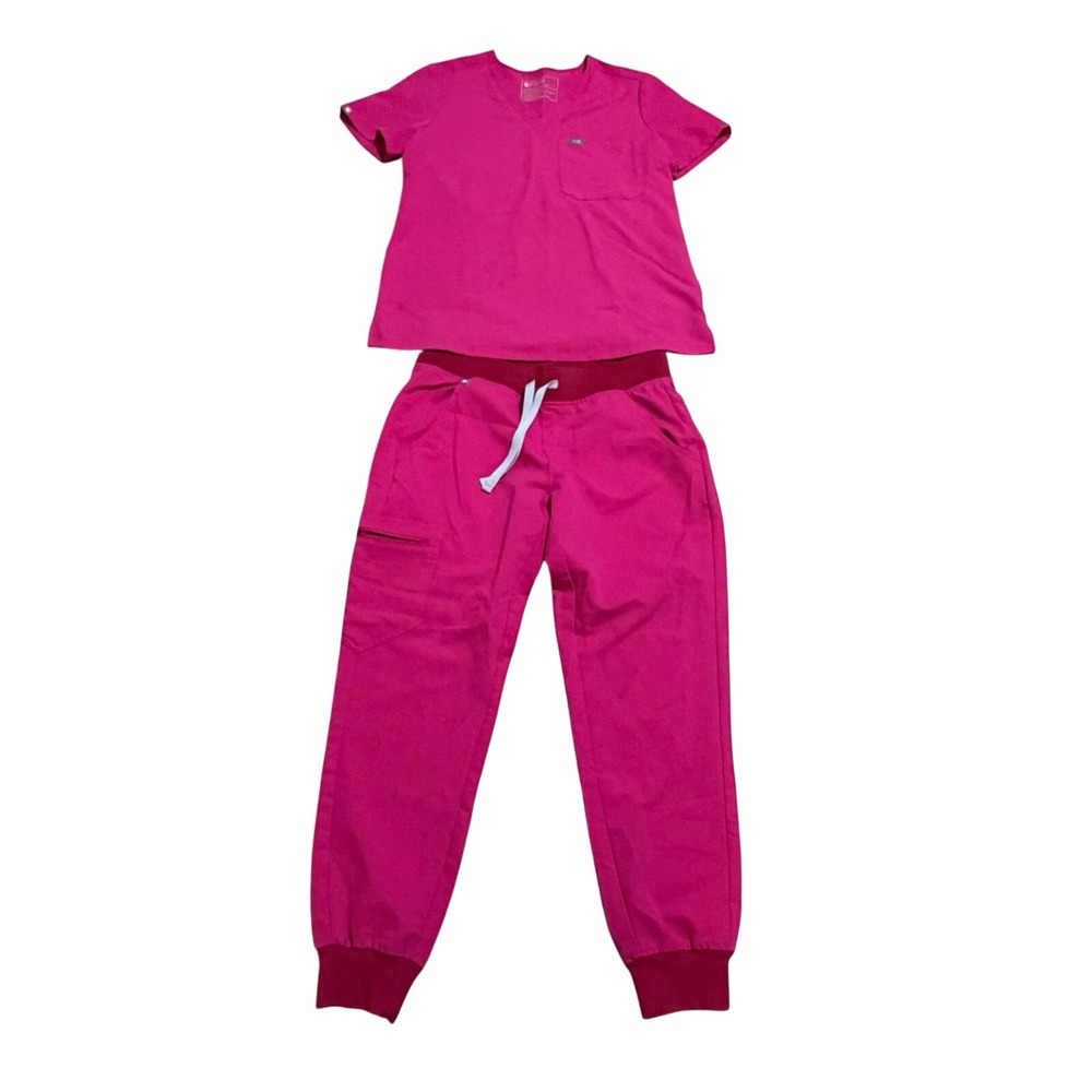 FIGS Shocking Pink Scrub Set Catarina Top & Zamora Jogger Pants sz S light stain